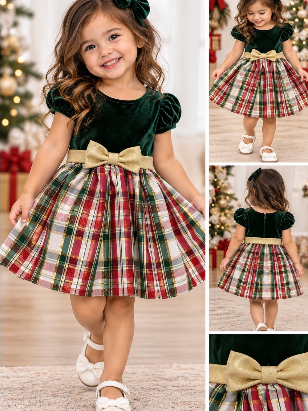 By Bonnie Jean Dress Size 2T Green Velvet Red Plaid Holiday Bow